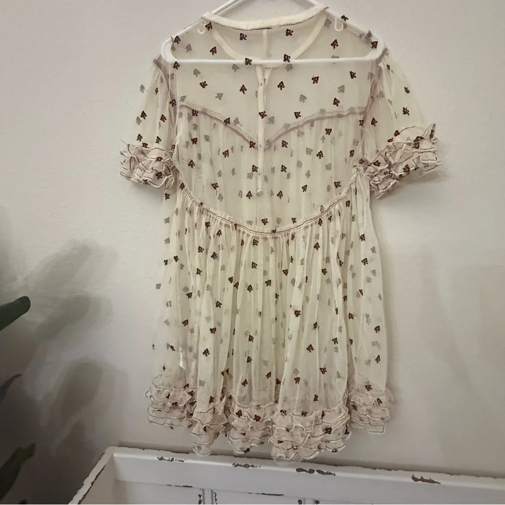 Free People Folklore Frock Dress XS Cream Sheer Embroidered Floral Boho Babydoll